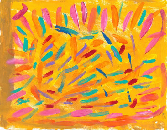 yellow paining with mostly orange and pink lines and accents of blue