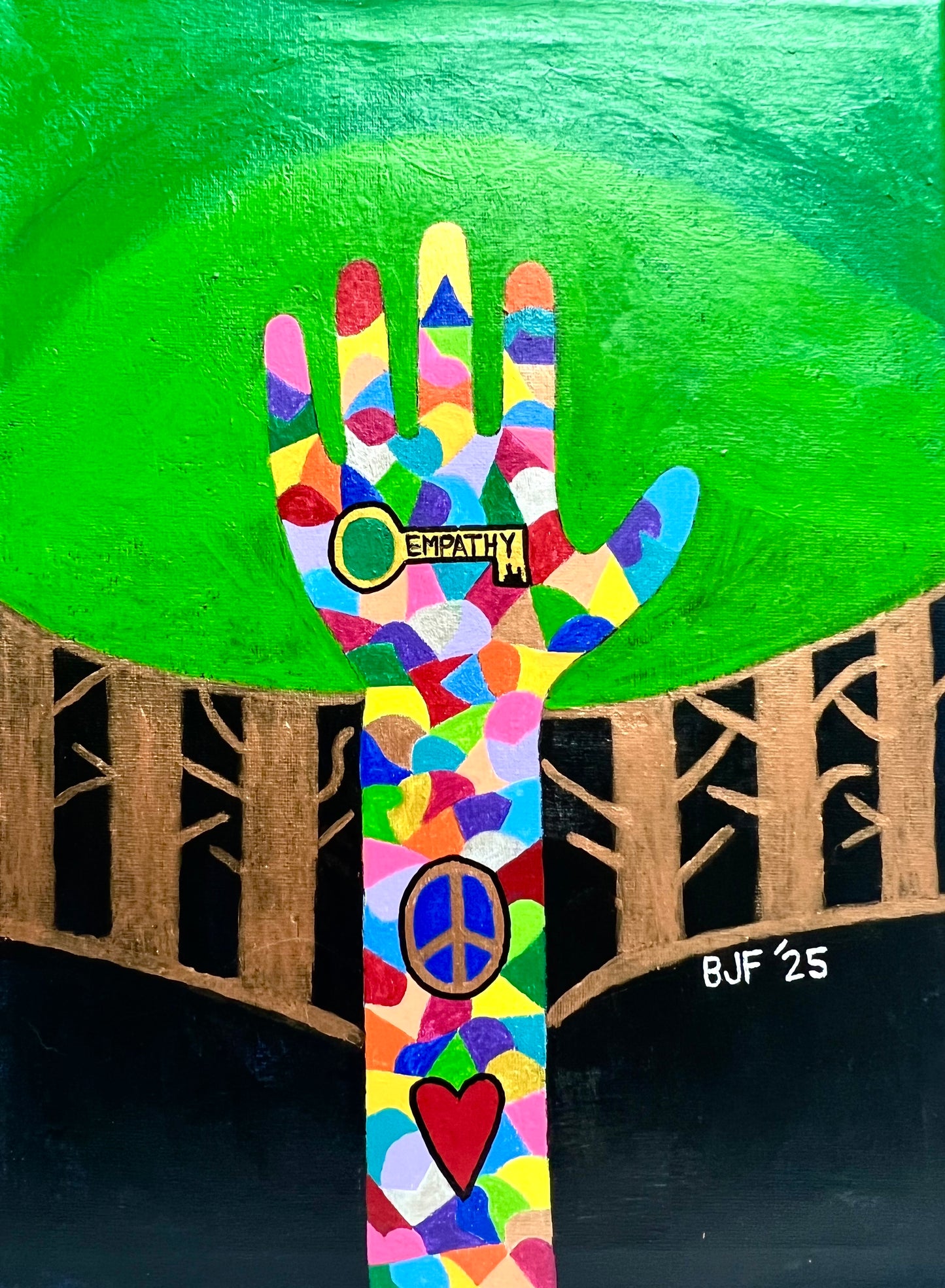 artistic rendering of a rainbow hand with a peace sign, heart and ke on top