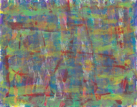abstract painting of washes of purple, green, and red