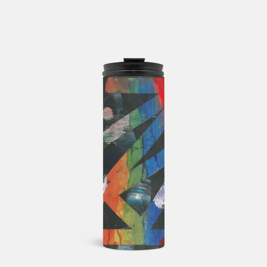 tumbler of an Abstract black Painting that has a zigzag abstract shape in the middle that reveals a rainbow