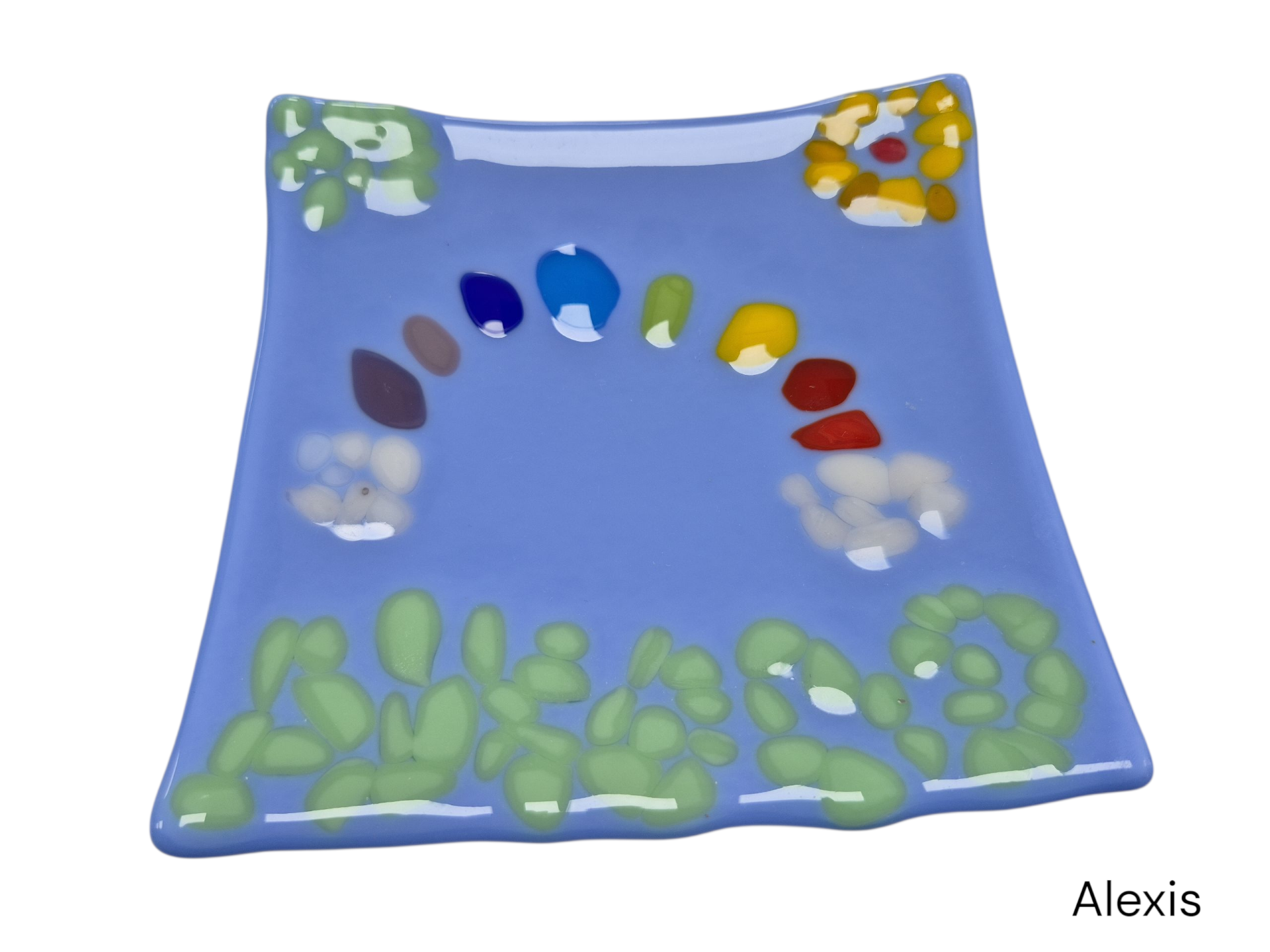 Colorful light blue wavy glass with colorful dots in a shape of rainbow and flowers.