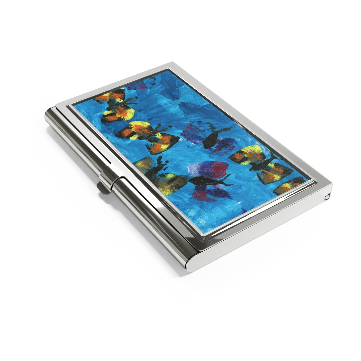 business card holder of a Painting of black butterflies with colorful wings of yellow and purple on a backgroung of light blue