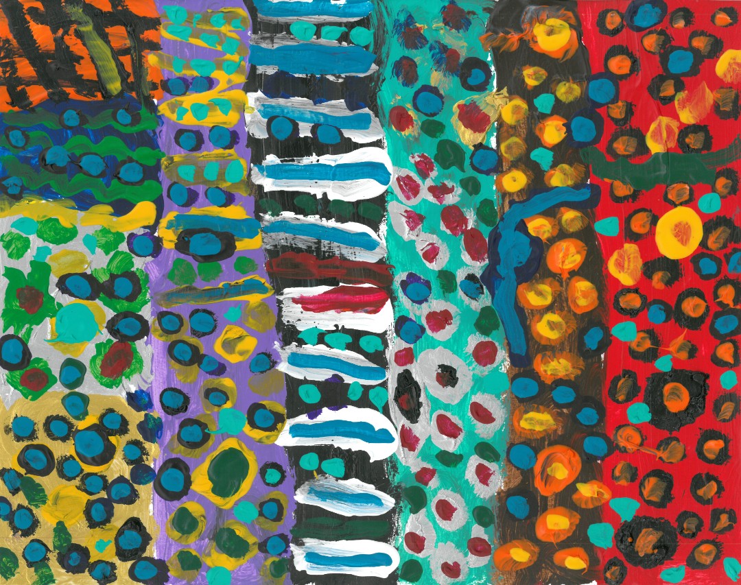 Abstract painting of colorful dots and stripes