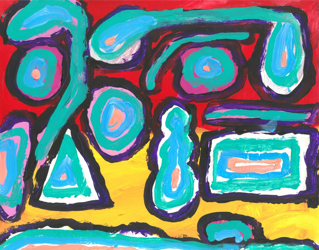 Abstract painting of blue-green shapes on a red and yellow background
