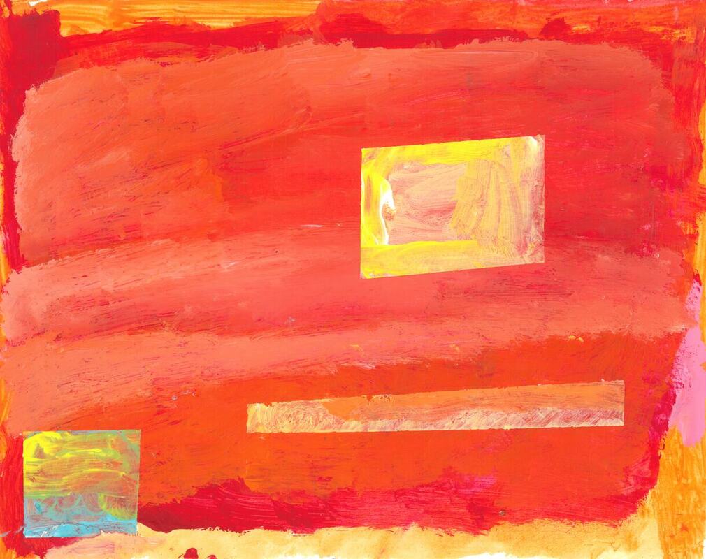 painting of yellow rectangles ontop of a red bckground