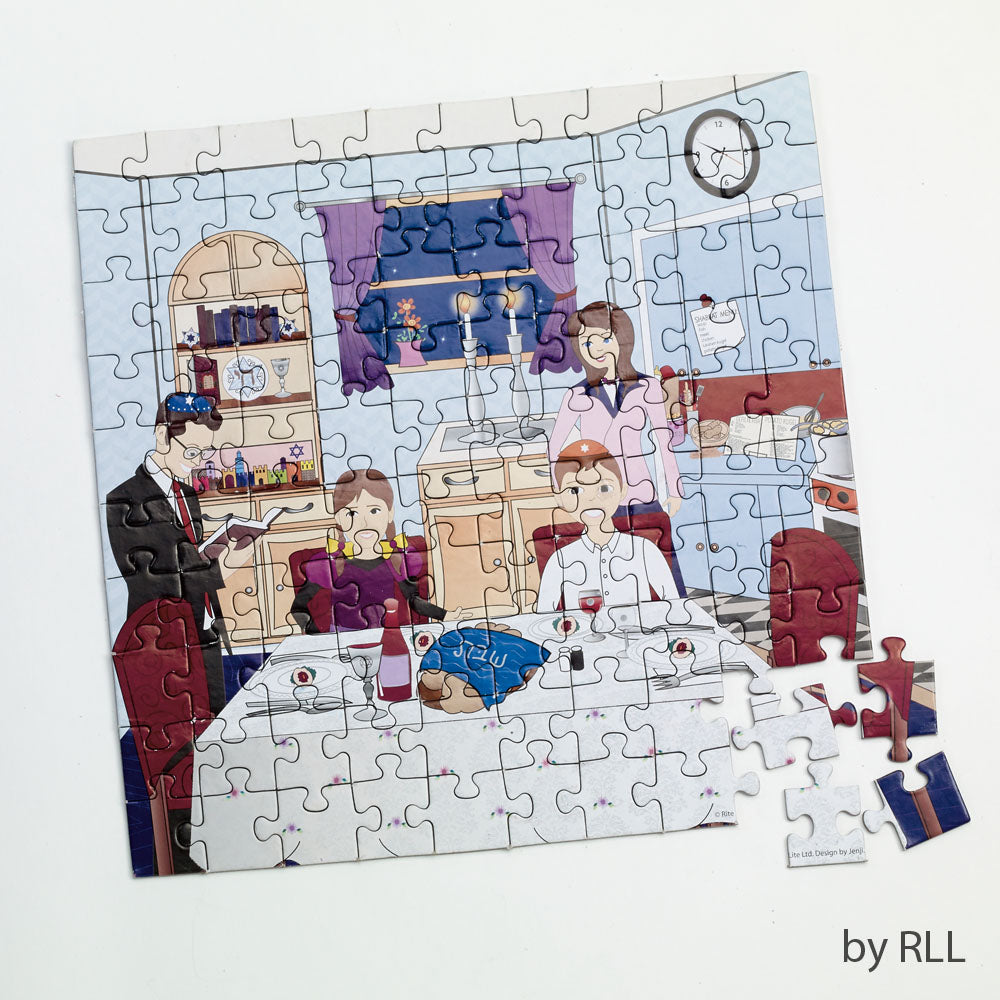 puzzle pieces put together of  a family sitting down for a Shabbat meal
