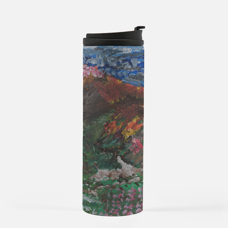 Drinking thermos with design of  artwork depicting a wild garden with pink flowering trees, grass in the foreground with pink flowers beneath a blue, white and black sky