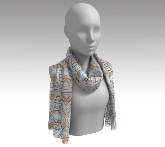 Rectangular scarf printed with repeating and mirrored pattern. Pattern comes from bowl with a clear piece of glass with lines radiating from the lower left corner outward. The colors of the lines are red, green, faint blue, with thicker lines of orange and light blue.