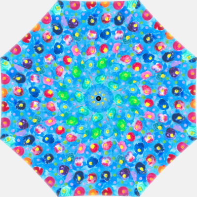 This is an umbrella  with a blue background and multicolored dots with yellow centers. The colors include: purple, pink, orange, and blue.