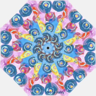 This is an umbrella with the following painting printed on it:This is a multicolored abstract piece with dots and circles including: red, orange, blue, purple, yellow and pale pink.