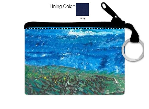 This is a coin purse with the following painting: This is a painting of a landscape. the tp is blue and white sku over a green, yellow and brown earthly section using crosshatching