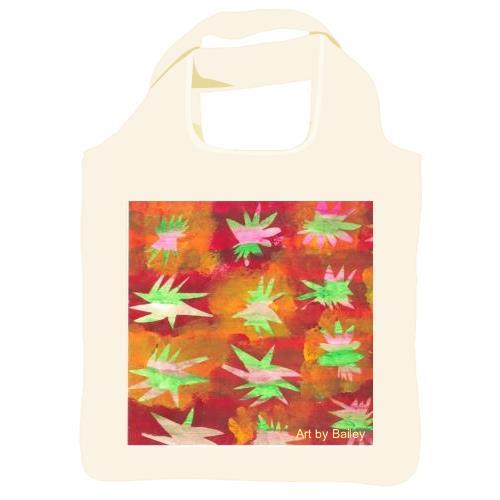 This is a reusable shopper that is white with bailey's painting on it. This is an abstract painting with an oange and deep red background. There are 12 star shapes in rows and columns that are pink and green