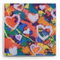On a square magnet Highly textured handmade paper with various bright colors and embossed white hearts