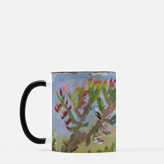Drinking mug with design of A water colored background of washes of blues in the sky and greens for the grass. Painted on top of the wash is a highly textured paint depicting grass, trees, and brush. There are two trees in the center of the painting, the branches start from the trunk being brown, going outward turns to green then red, then yellow sprouts