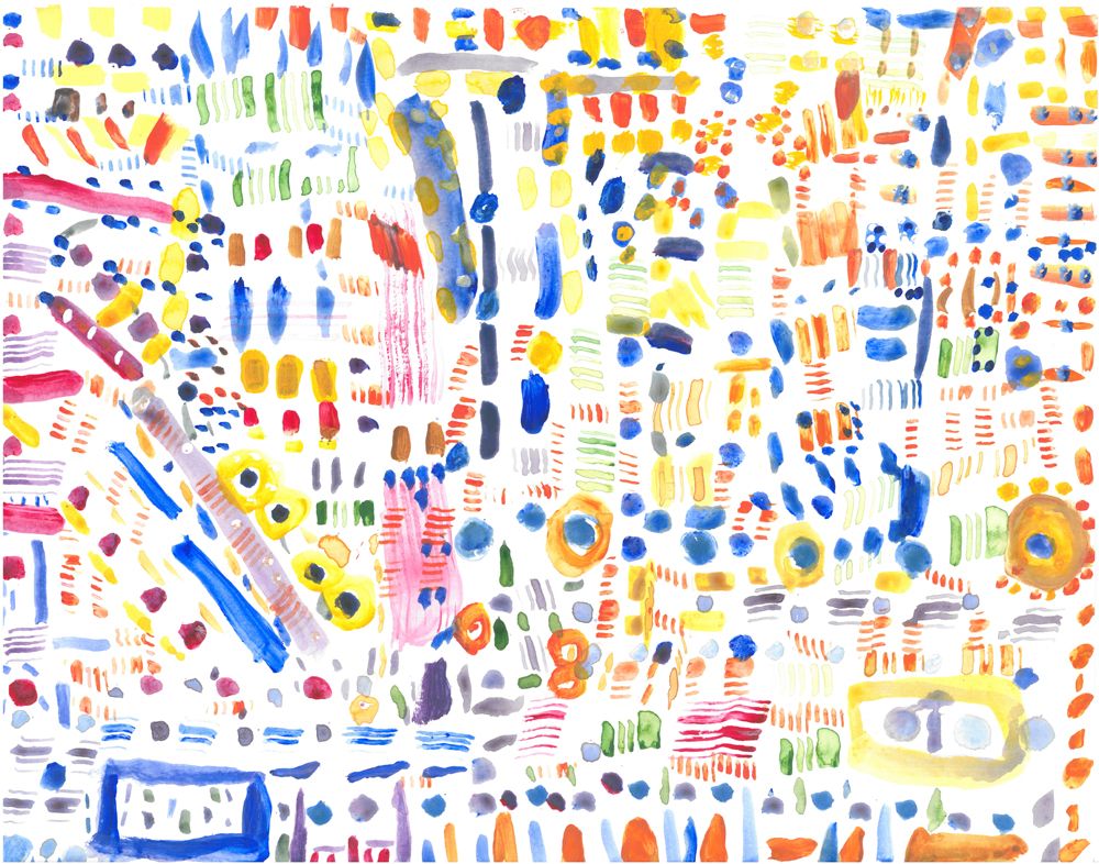 artwork that is painted in various colors including red, blue, orange, yellow and green. The artist uses short lines, dashes, circles, and dots and leaves negative space showing the white of the canvas.