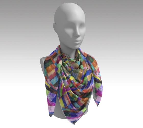 Mannequin wearing neck scarf with varying size rectangles placed vertically and horizontally in all colors