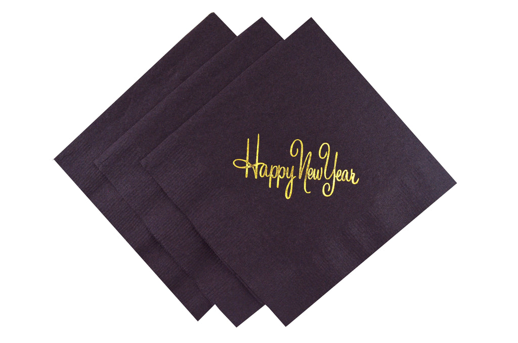 Black cocktail napkins with gold Happy New Year slogan