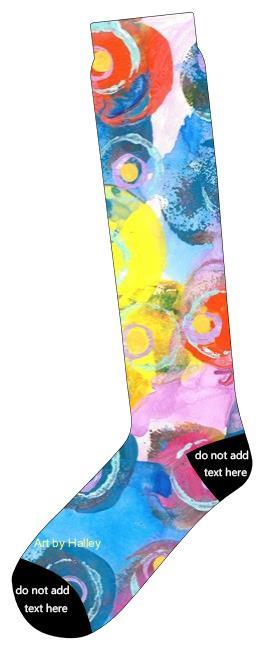 This is a pair of long socks with the following painting printed on it: This is a multicolored abstract piece with dots and circles including: red, orange, blue, purple, yellow and pale pink.