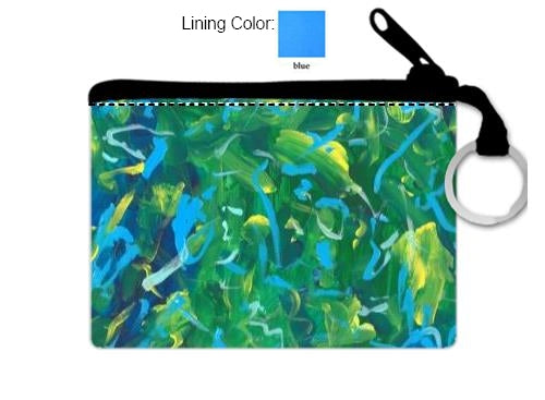 This is a coinpurse with the following painting printed on it: This is an abstract piece that is mostly blue and green, with yellow and lighter blue smudges and paint strokes. It has a black zipper and silver key ring