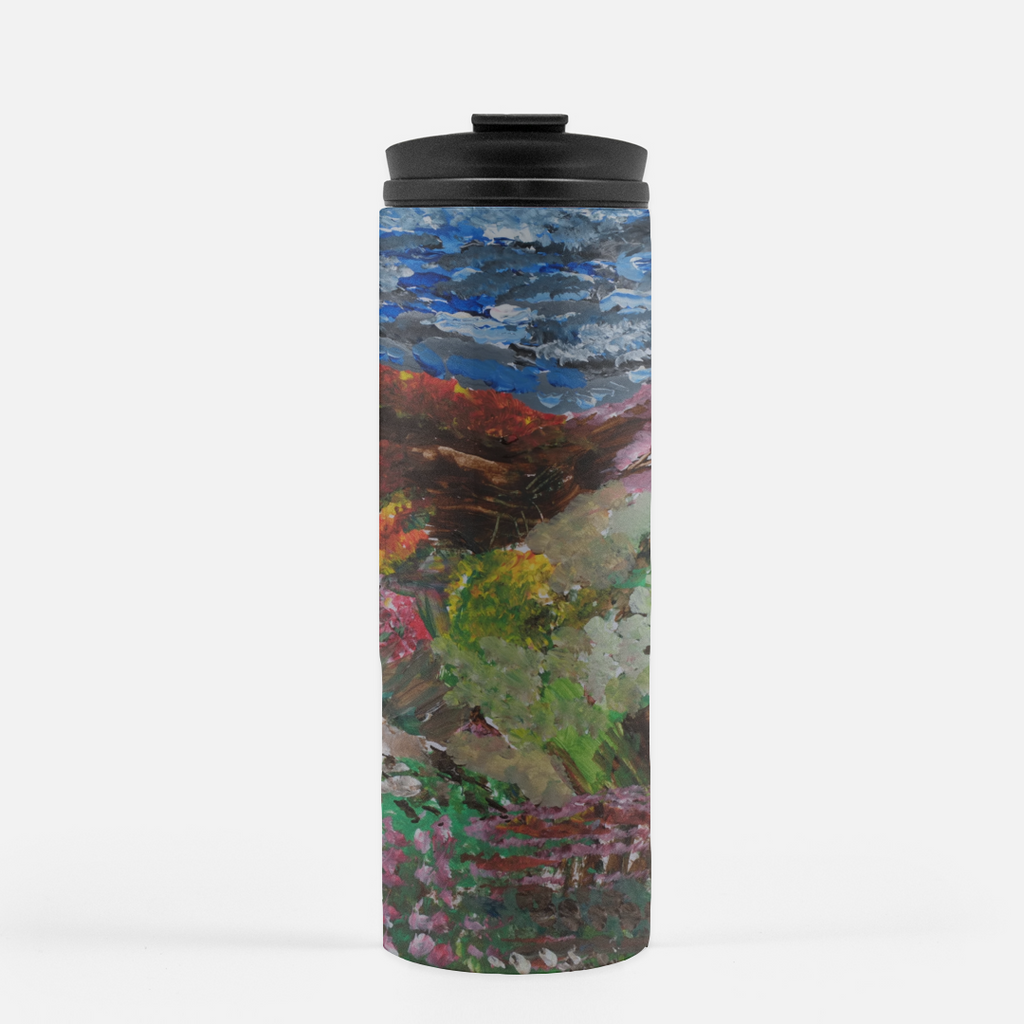 Drinking thermos with design of  artwork depicting a wild garden with pink flowering trees, grass in the foreground with pink flowers beneath a blue, white and black sky