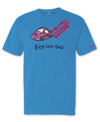 Blue tshirt with pink VW bug with red hearts coming from the tailpipe above Hey Love Bug slogan