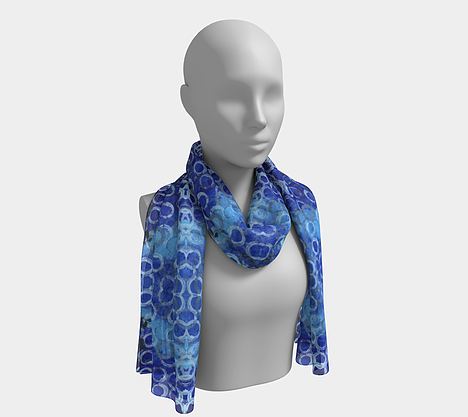 Mannequin wearing neck scarf with gradient blue background with white and black circles overlaid