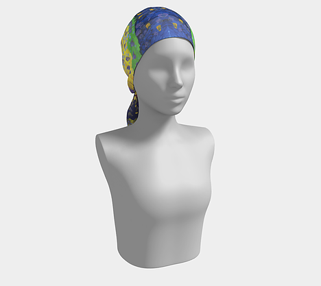 Mannequin wearing headscarf with red, purple, yellow and blue background with dots