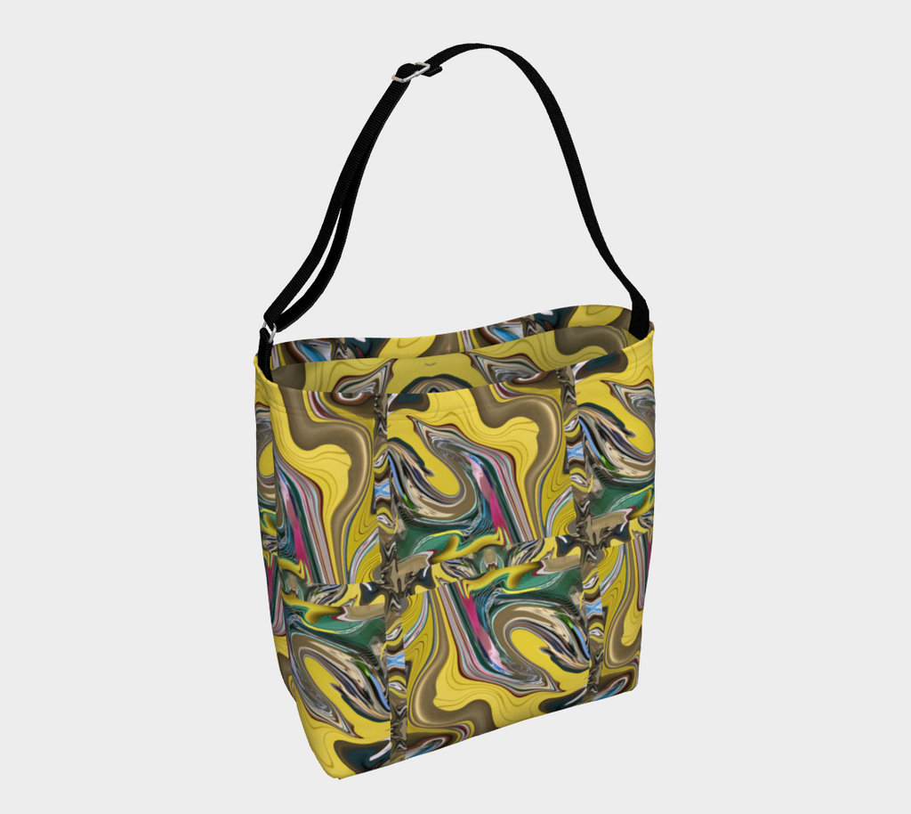 Crossbody bag with black strap and swirling design of yellow, gold, green, pink swirl