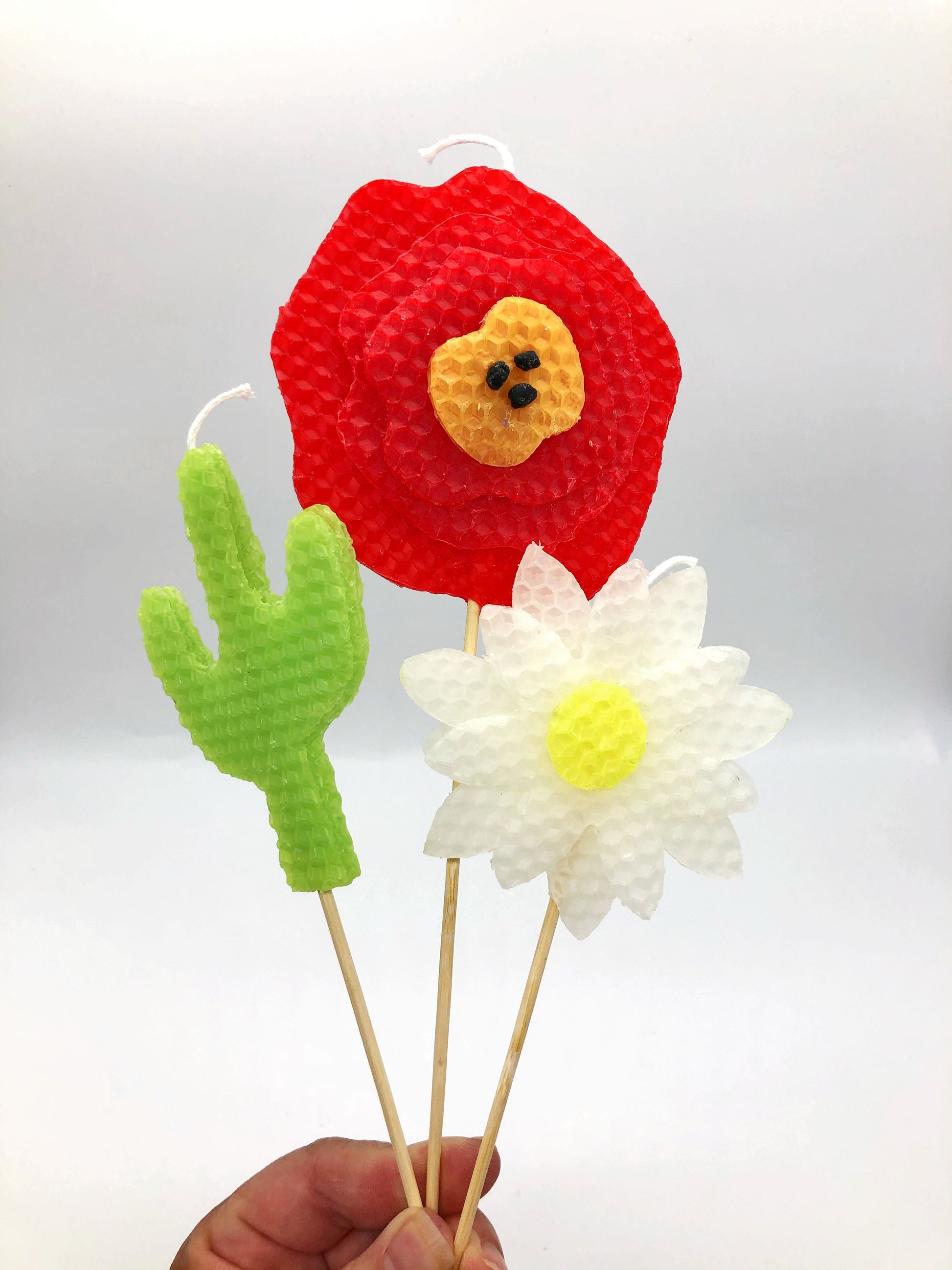 Large beeswax candles in varying shapes including lime green cactus, red poppy, and white flower