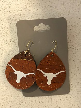 Tear drop shaped burnt orange leather earrings with Longhorn