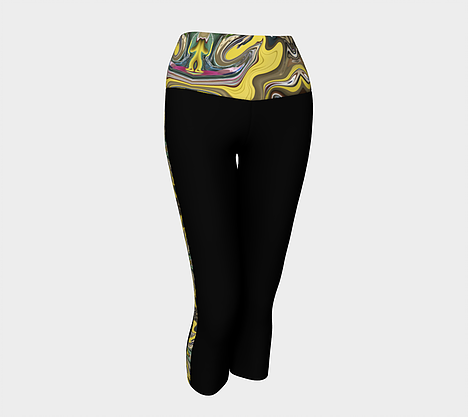Black yoga capris with top band and side stripes depicting yellow, gold, green, pink swirl design