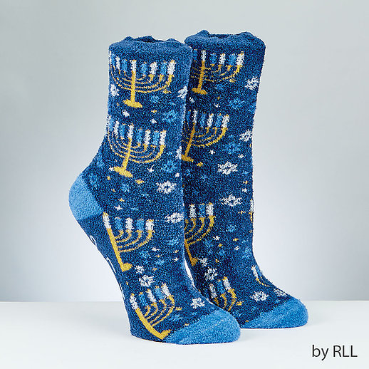 Dark blue socks with light blue heel and toe with menorahs and white and blue stars