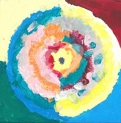 Circle within circle design with blue, green, orange, pink, yellow and red colors