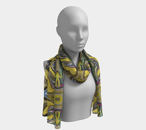 Mannequin wearing neck scarf with swirling design of yellow, gold, green, pink swirl