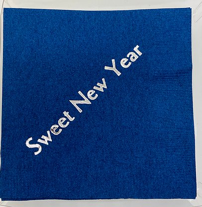 Blue cocktail napkin with silver Sweet New Year slogan