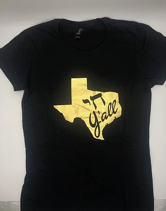 Black tshirt with yellow Texas with Chai Y'all slogan in the middle
