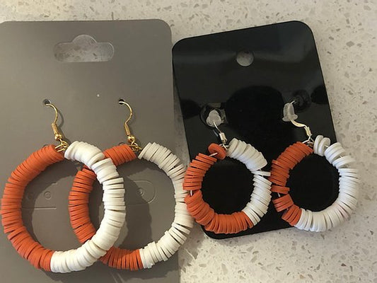 Orange and white colored fimo clay circle earrings