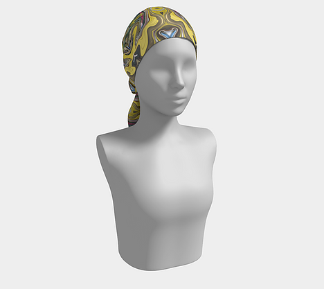 Mannequin wearing head scarf with swirling design of yellow, gold, green, pink swirl