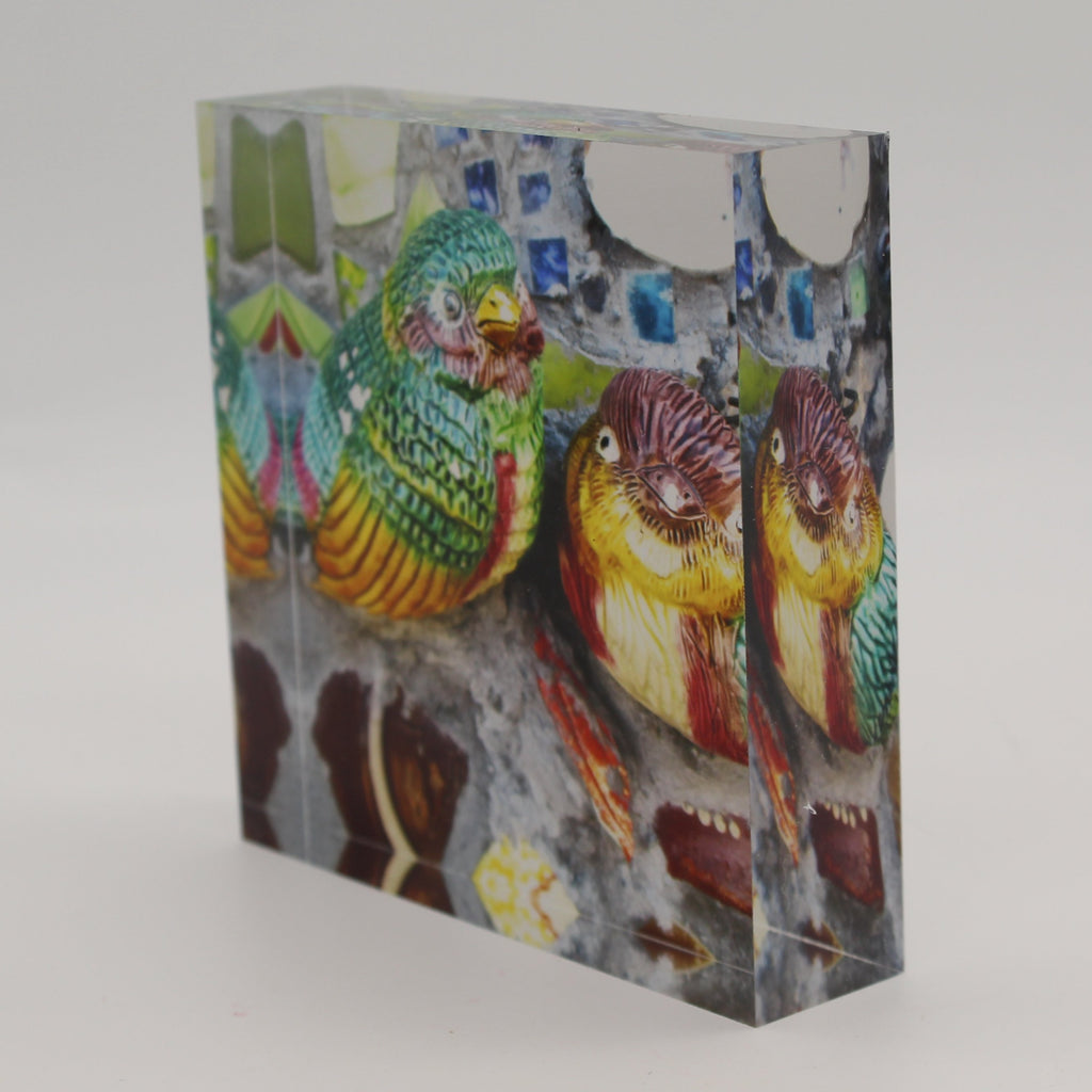 Tilted view of Acrylic block depicting two colorful birds