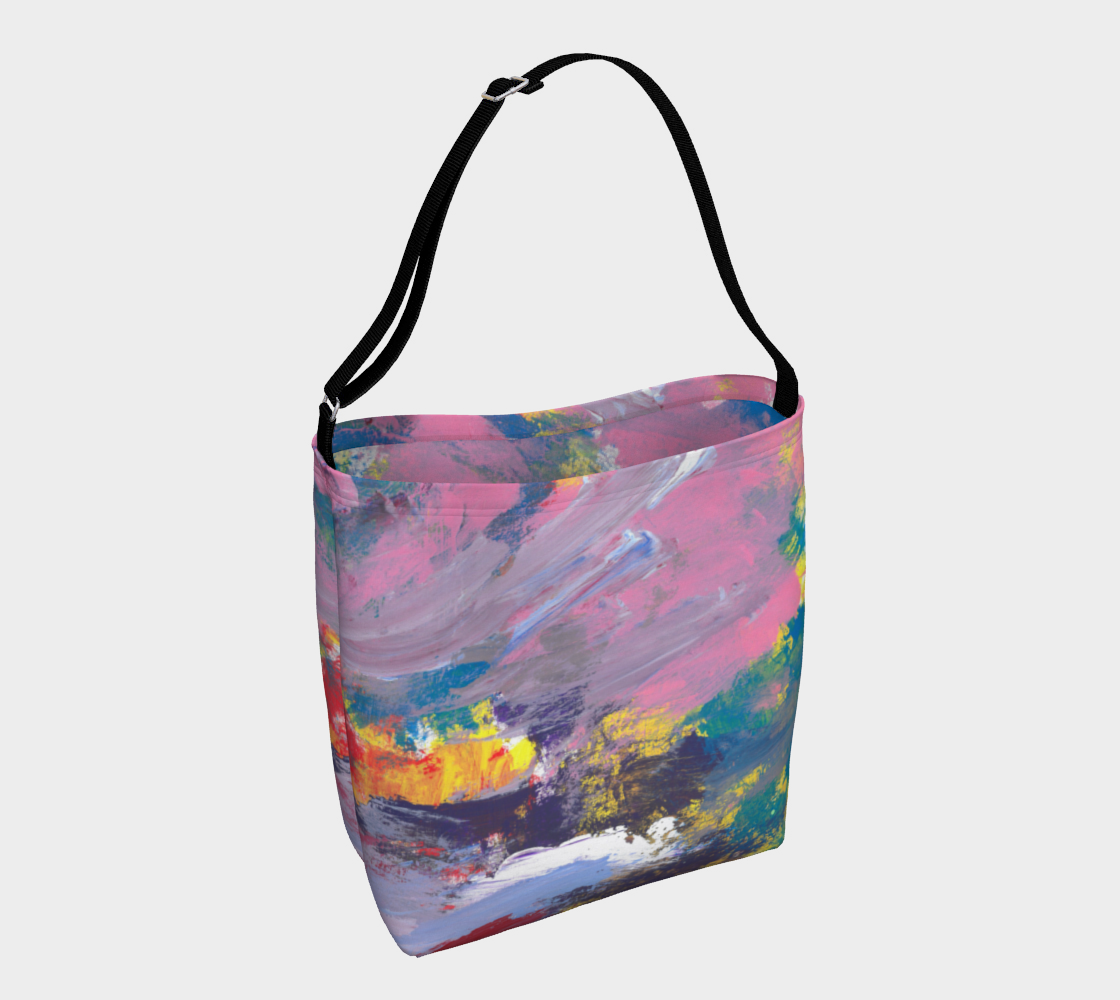 Crossbody tote with black strap depicting yellow, red, pink, turquoise, purple and lavender streak design