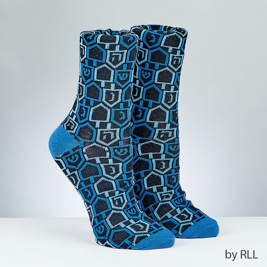 Black socks with light blue toe and heel with dark and light blue dreidel pattern