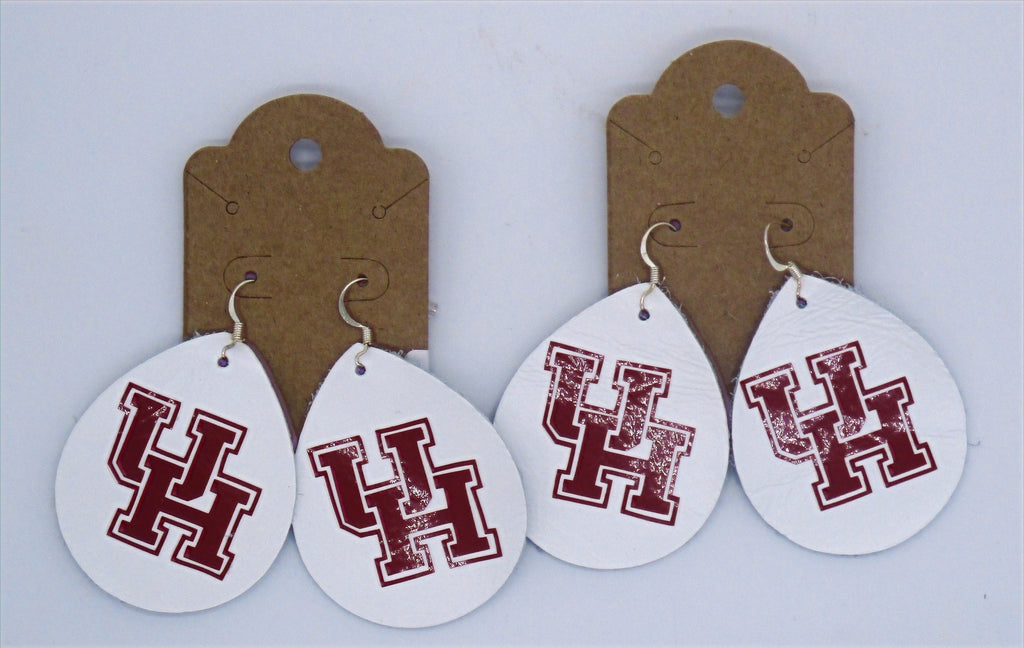 Tear drop shaped white leather earrings with University of Houston logo