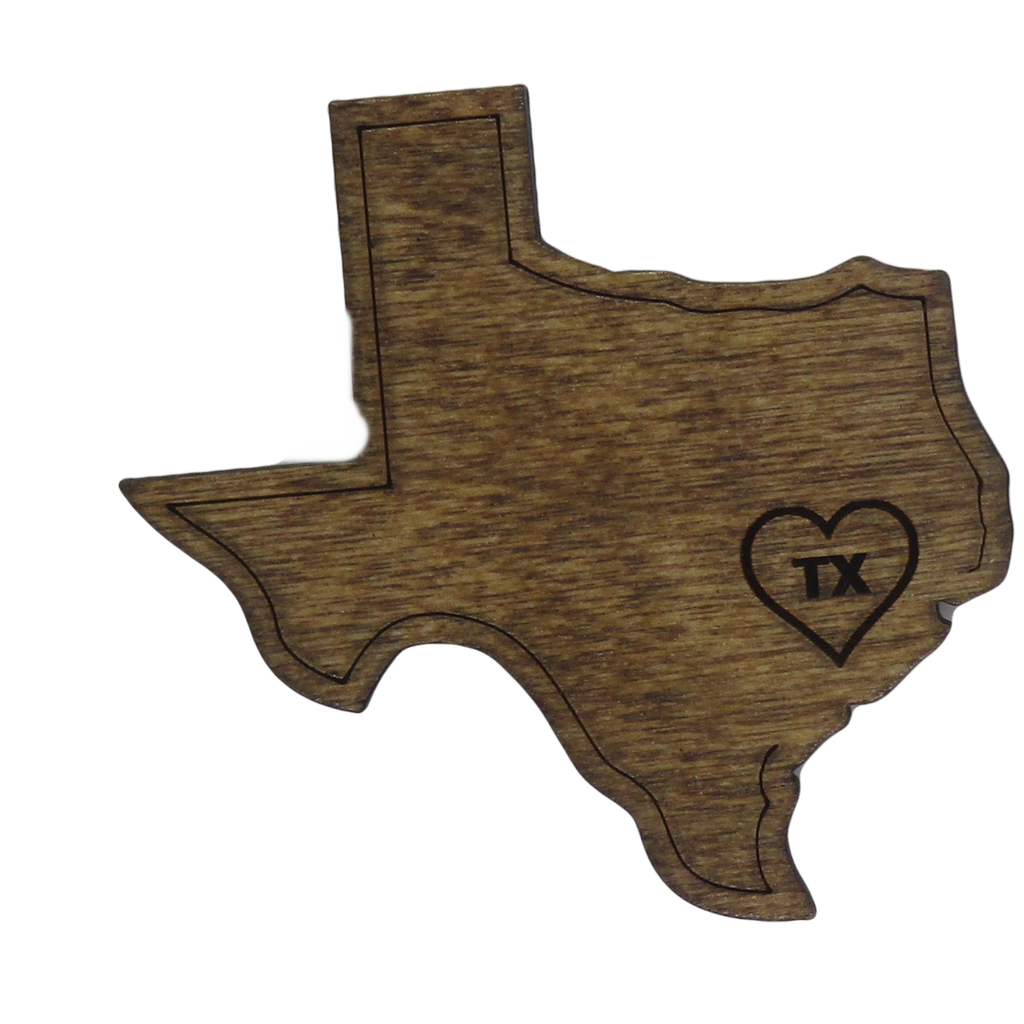 Texas shaped coaster in dark stain with a laser cut heart and TX over Houston