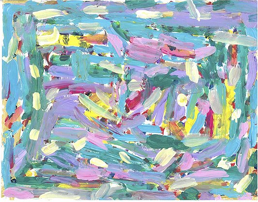 Artwork depicting pink, turquoise, lavender, green and yellow paint streaks