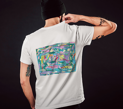 Back of white tshirt with square print artwork depicting pink, turquoise, lavender, green and yellow paint streaks