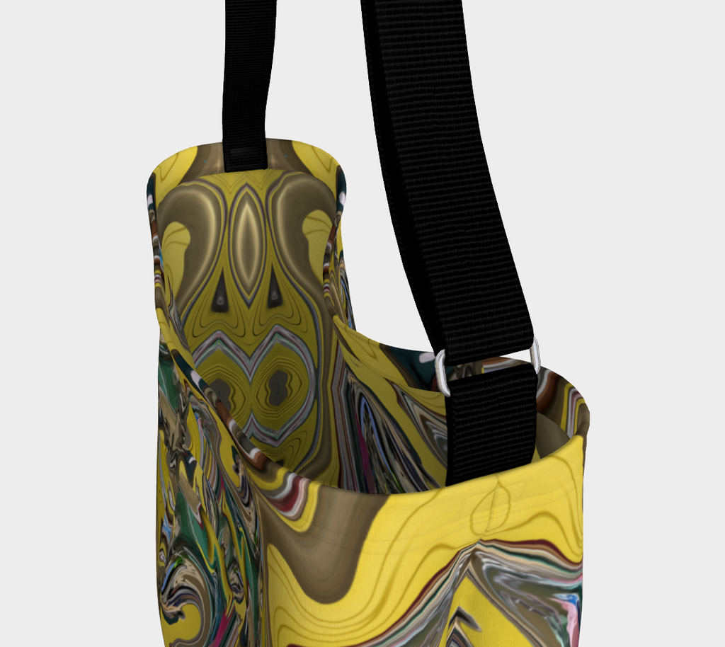 Close up view of Crossbody bag with black strap and swirling design of yellow, gold, green, pink swirl