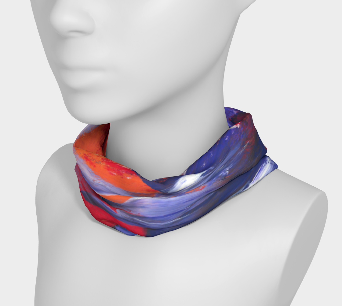 Mannequin wearing neck band with purple, red, orange white streak design