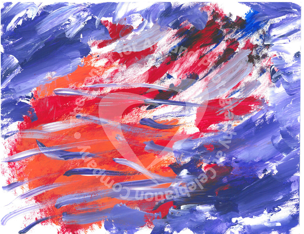 Artwork depicting purple, red, orange white streak design
