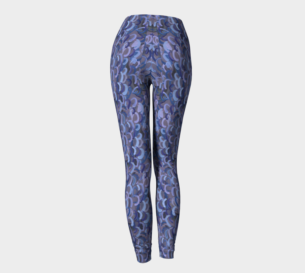 Back view of Gray leggings with light blue, dark blue, and lavender swirls
