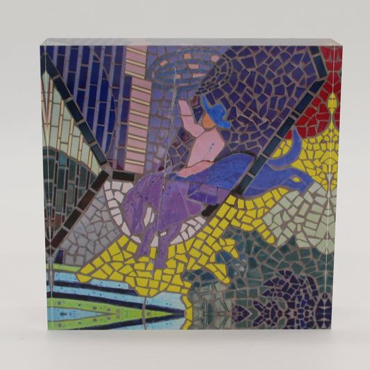 Acrylic block with mosaic tiles depicting a cowboy on a bucking bronco